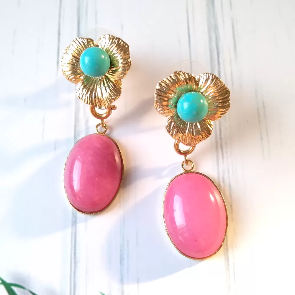 Textured Petal Studs with Turquoise & Pink Jade Drops