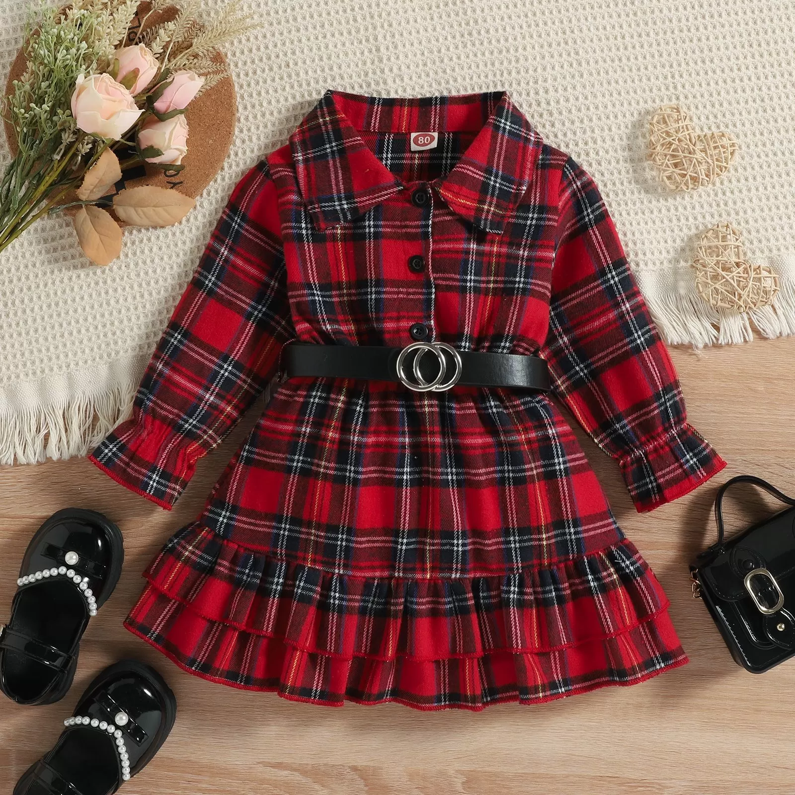 Toddler Girls Christmas Plaid Print Long Sleeve Dress with Belt