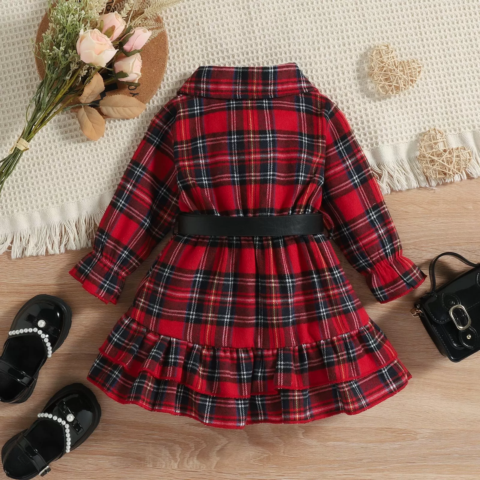 Toddler Girls Christmas Plaid Print Long Sleeve Dress with Belt