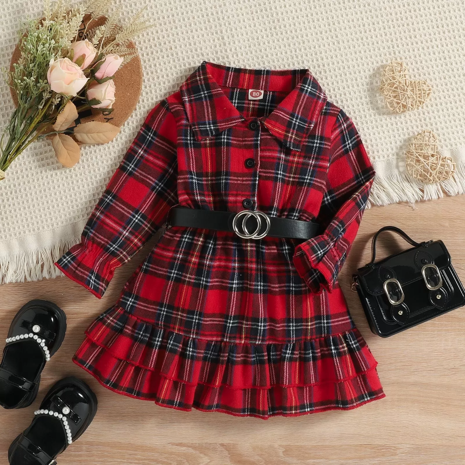 Toddler Girls Christmas Plaid Print Long Sleeve Dress with Belt