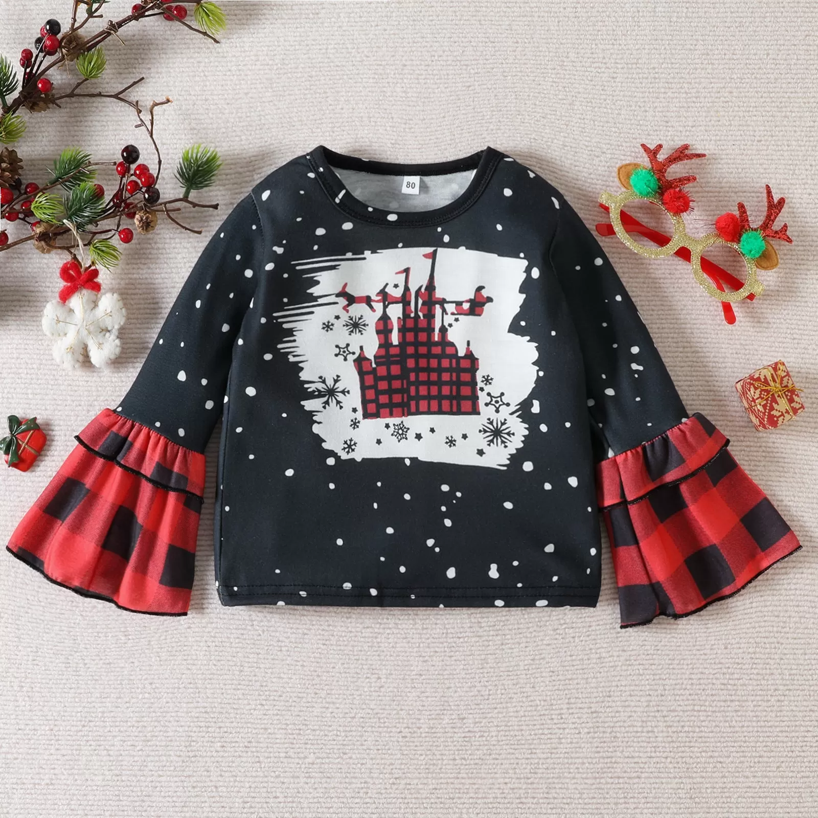 Toddler Girls Christmas Print Flared Sleeve Top Plaid Pants Set