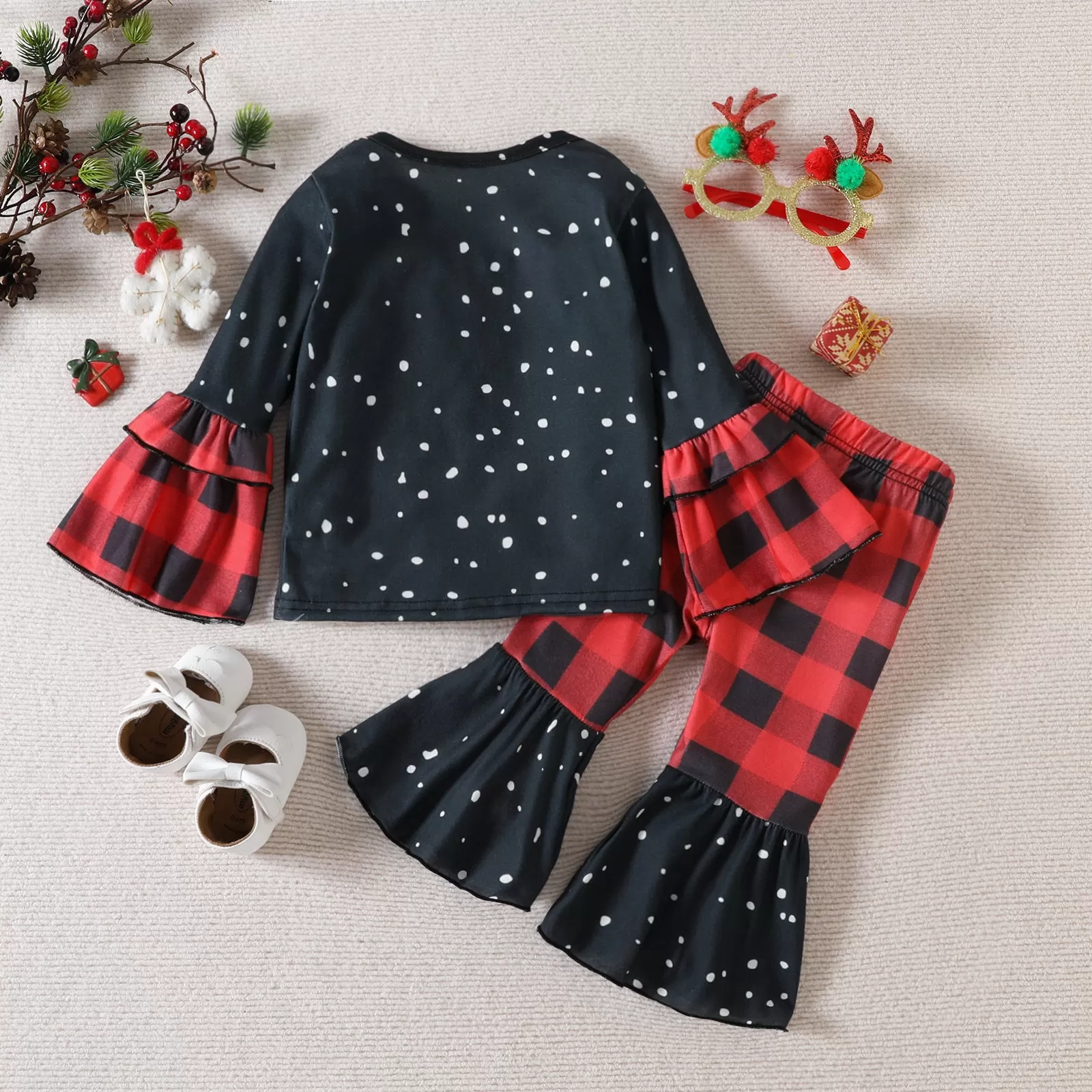 Toddler Girls Christmas Print Flared Sleeve Top Plaid Pants Set