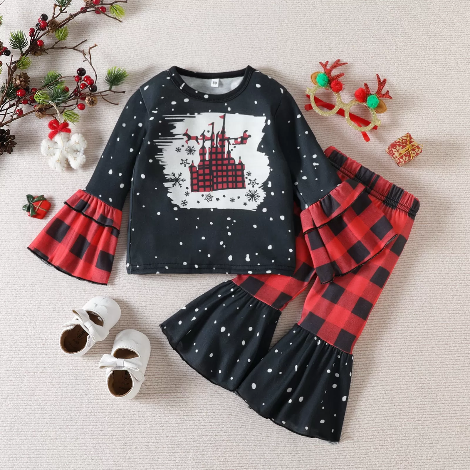 Toddler Girls Christmas Print Flared Sleeve Top Plaid Pants Set