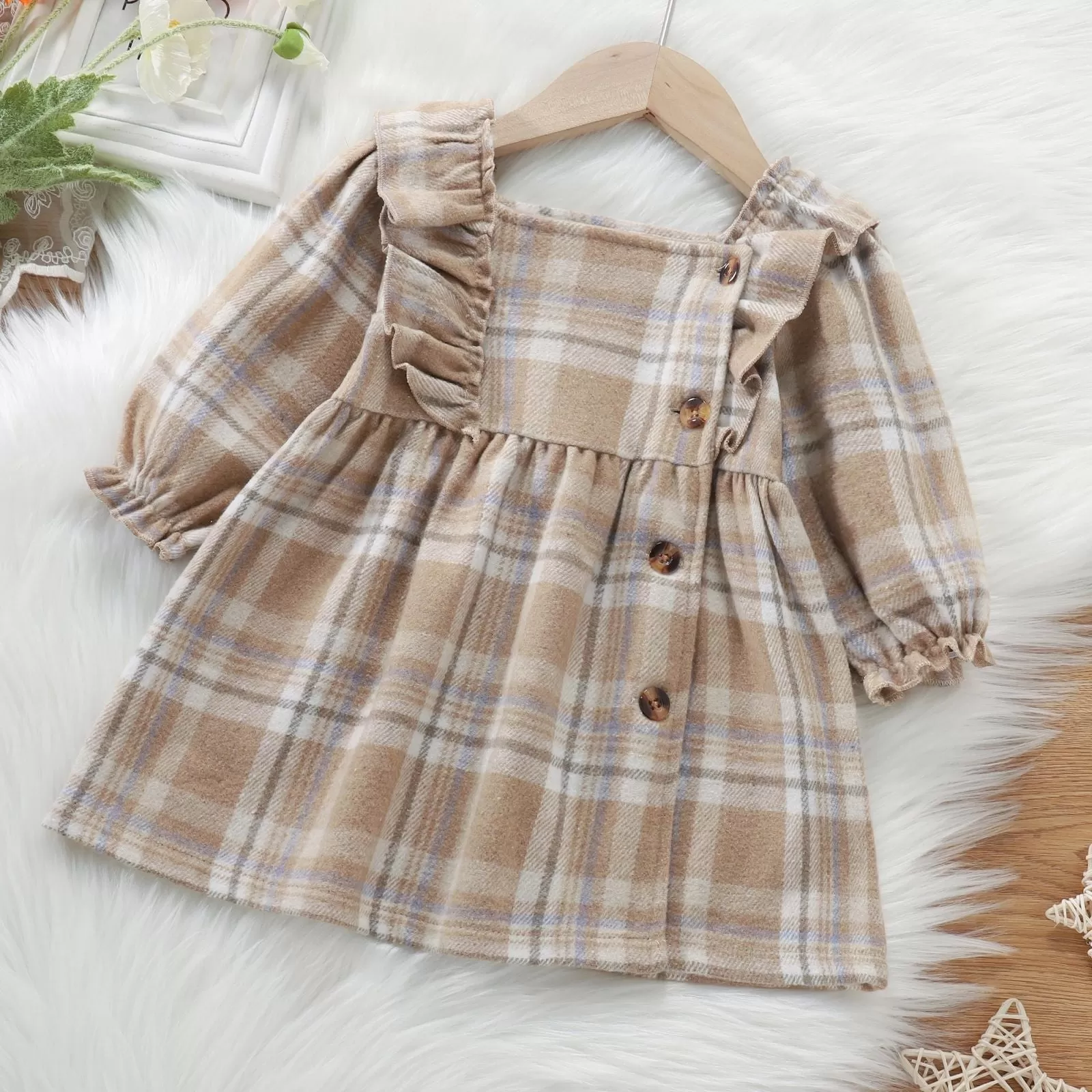 Toddler Kids Girls Ruffle Plaid Long Sleeve Square Neck Long Sleeve Dress