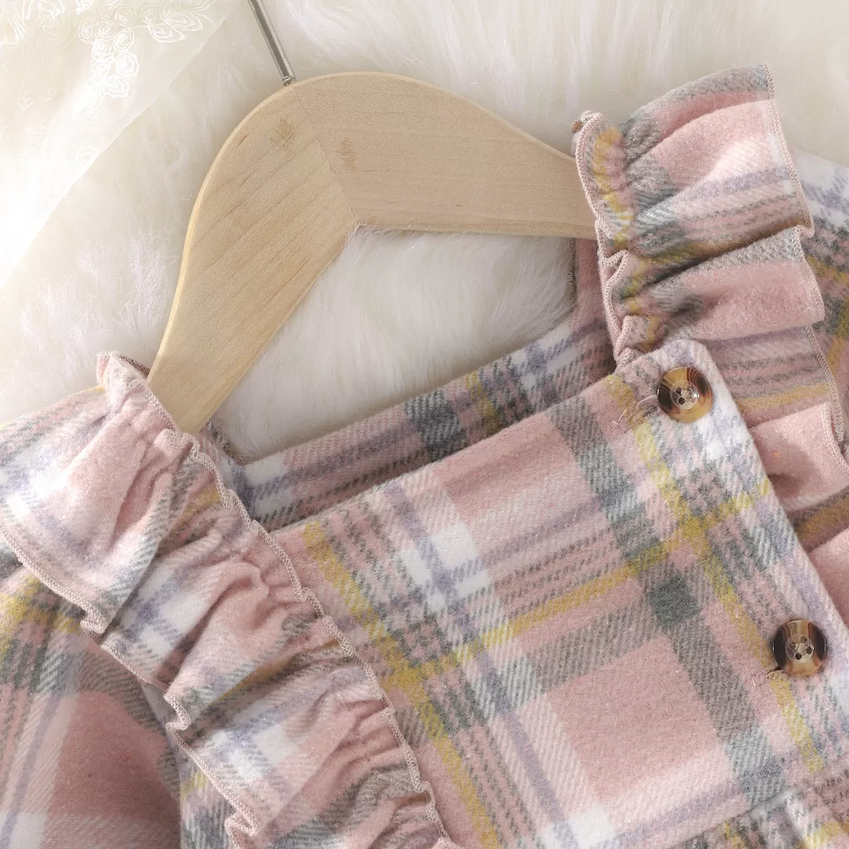 Toddler Kids Girls Ruffle Plaid Long Sleeve Square Neck Long Sleeve Dress