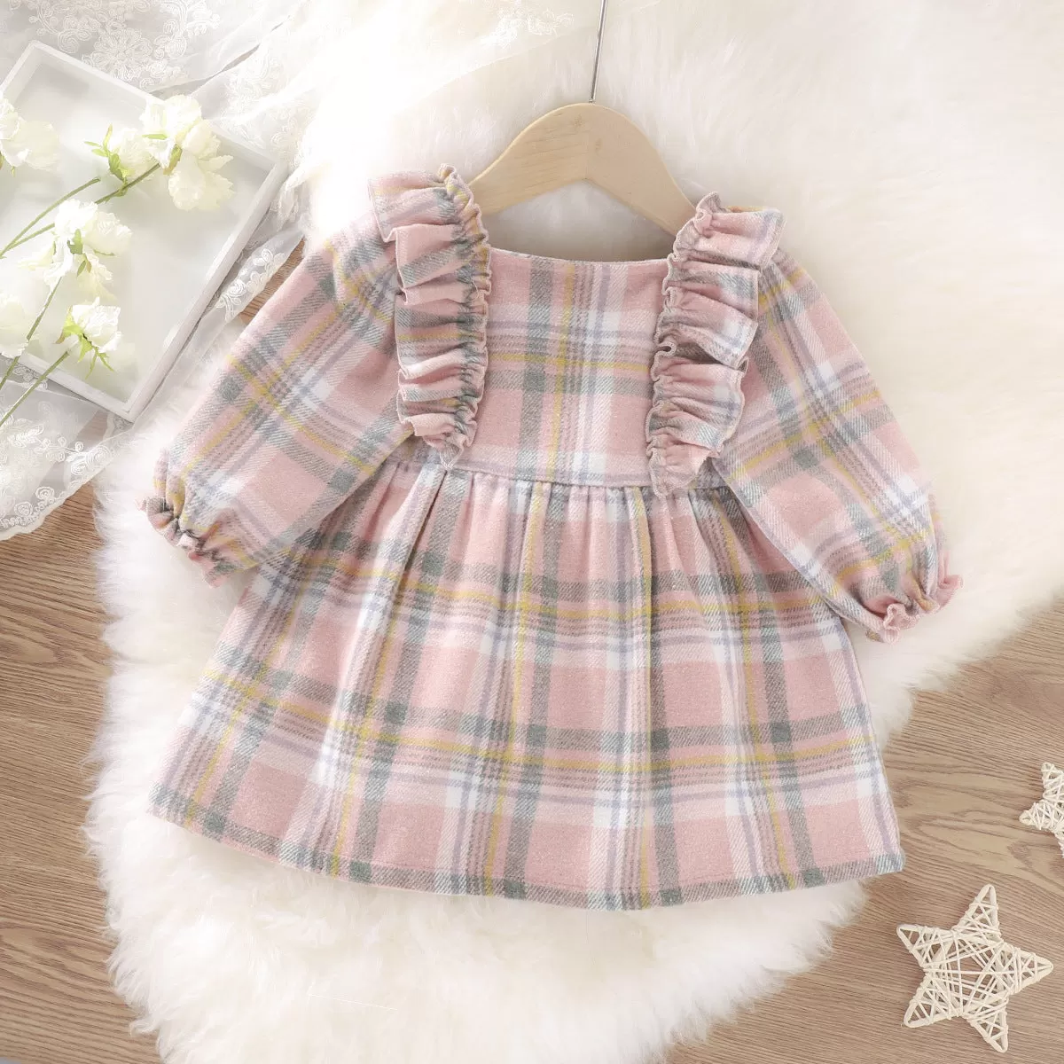 Toddler Kids Girls Ruffle Plaid Long Sleeve Square Neck Long Sleeve Dress