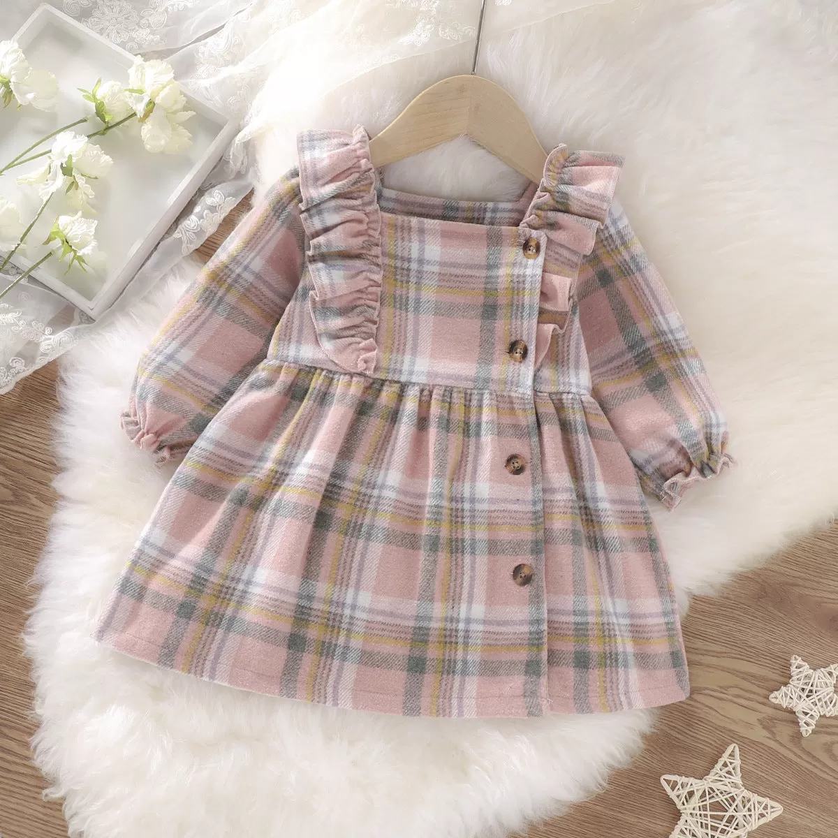 Toddler Kids Girls Ruffle Plaid Long Sleeve Square Neck Long Sleeve Dress