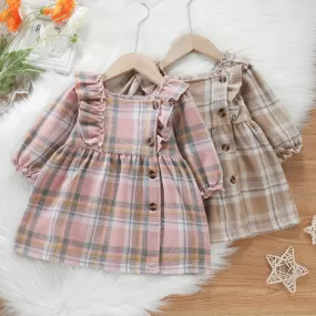 Toddler Kids Girls Ruffle Plaid Long Sleeve Square Neck Long Sleeve Dress