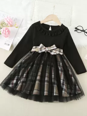 Toddler Kids Girls Solid Color Plaid Pattern Bow Mesh Long Sleeve Dress