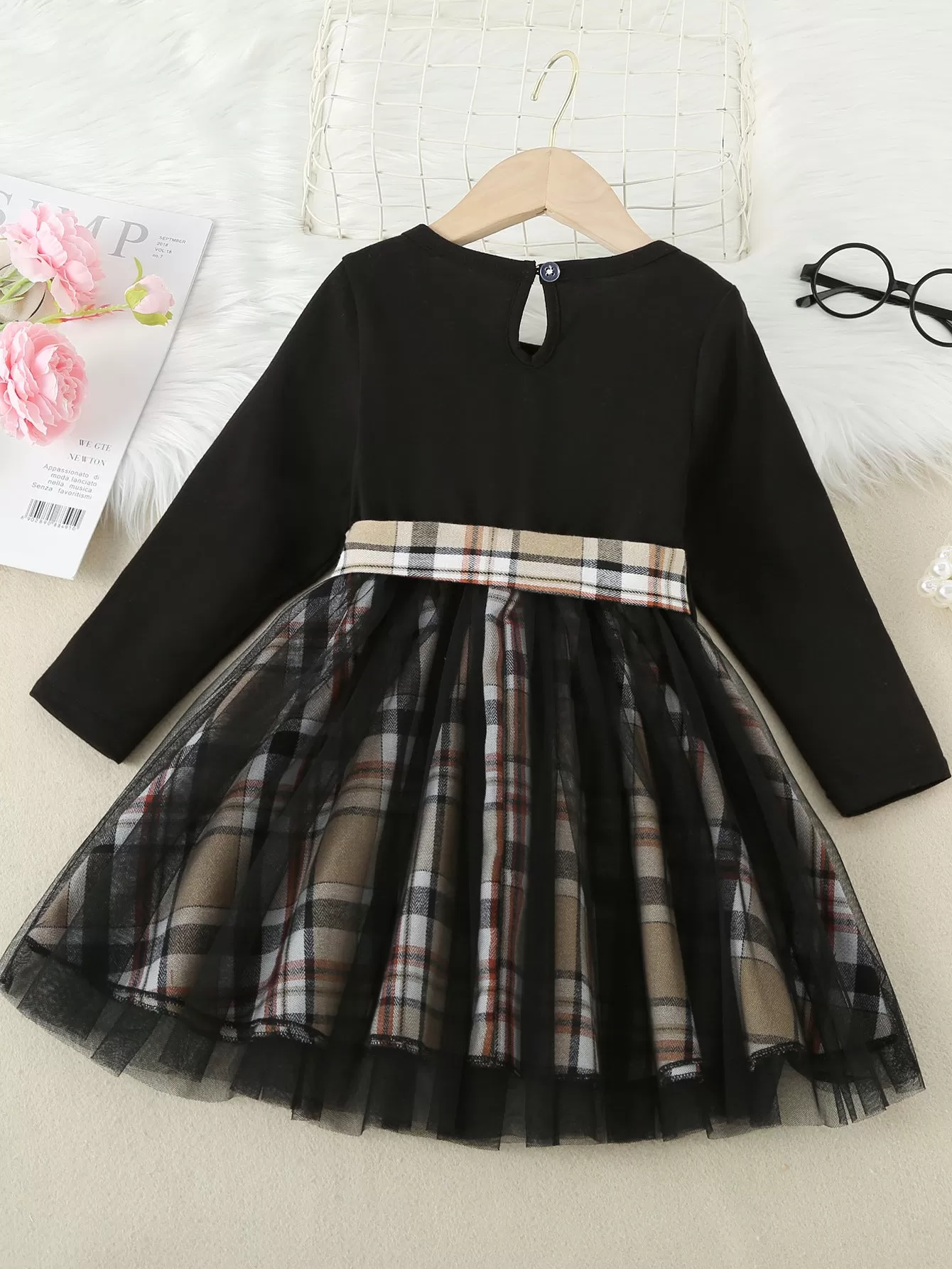 Toddler Kids Girls Solid Color Plaid Pattern Bow Mesh Long Sleeve Dress