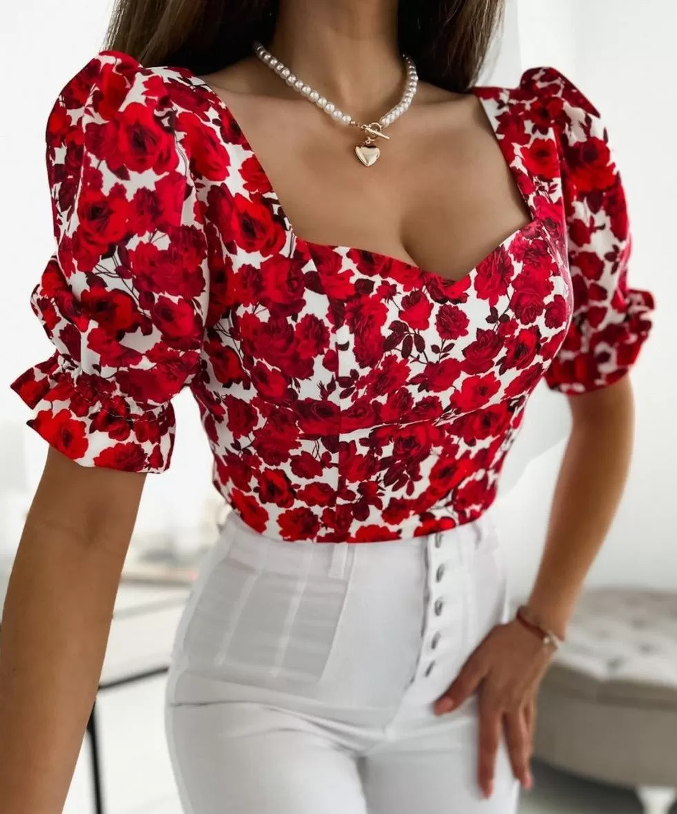 Top Donna Scollo Cuore Mezza Manica Sbuffo Fantasia Rose Casual Elegante