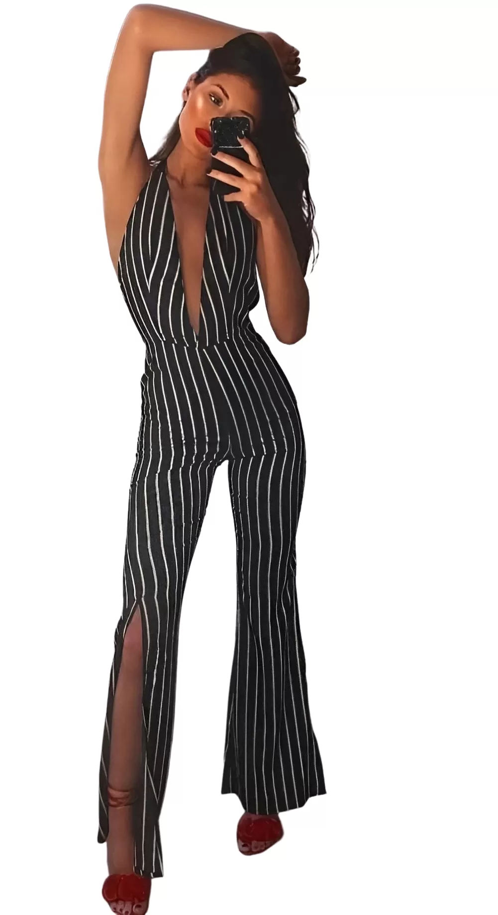 Tuta Donna Scollo Cuore Fantasia Righe Bicolore Pantalone Zampa Spacco