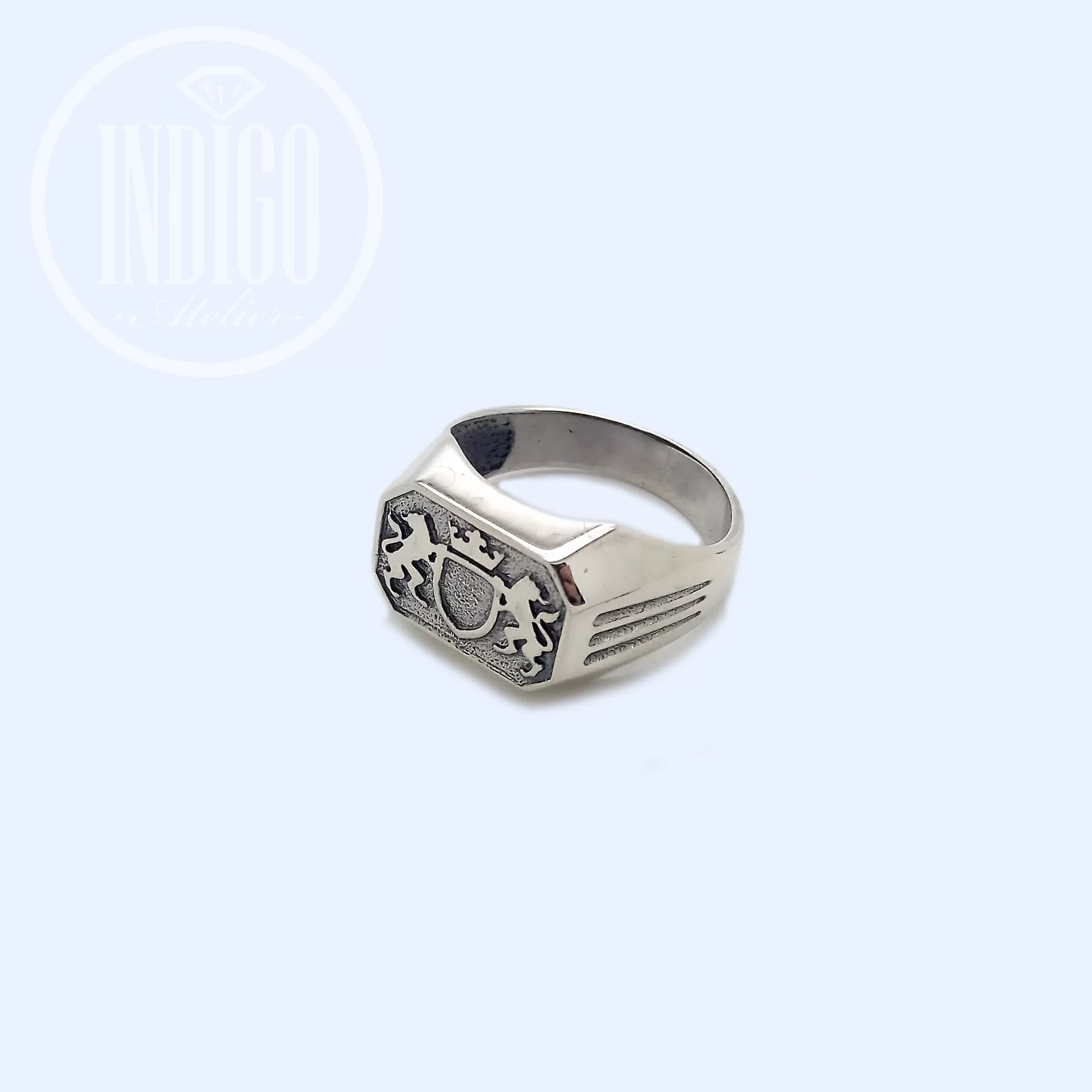 Two Royal Lions and Shield Men's Ring Signet Silver 925