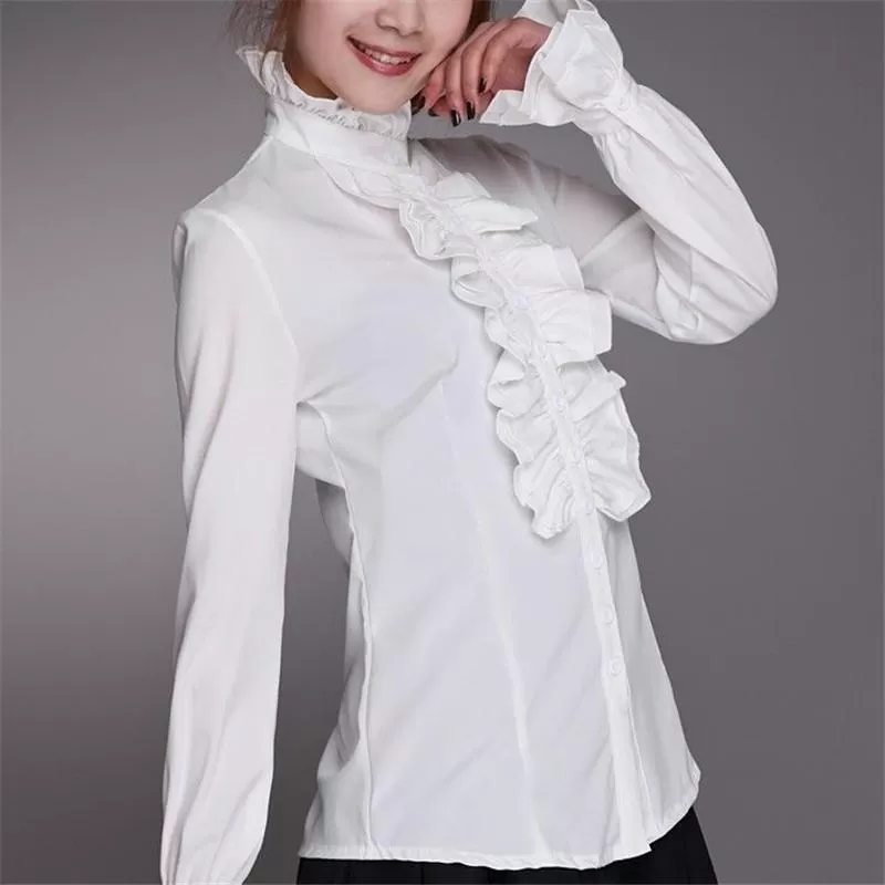 Victorian Office Ladies White Shirt High Neck Frilly Ruffle Cuffs