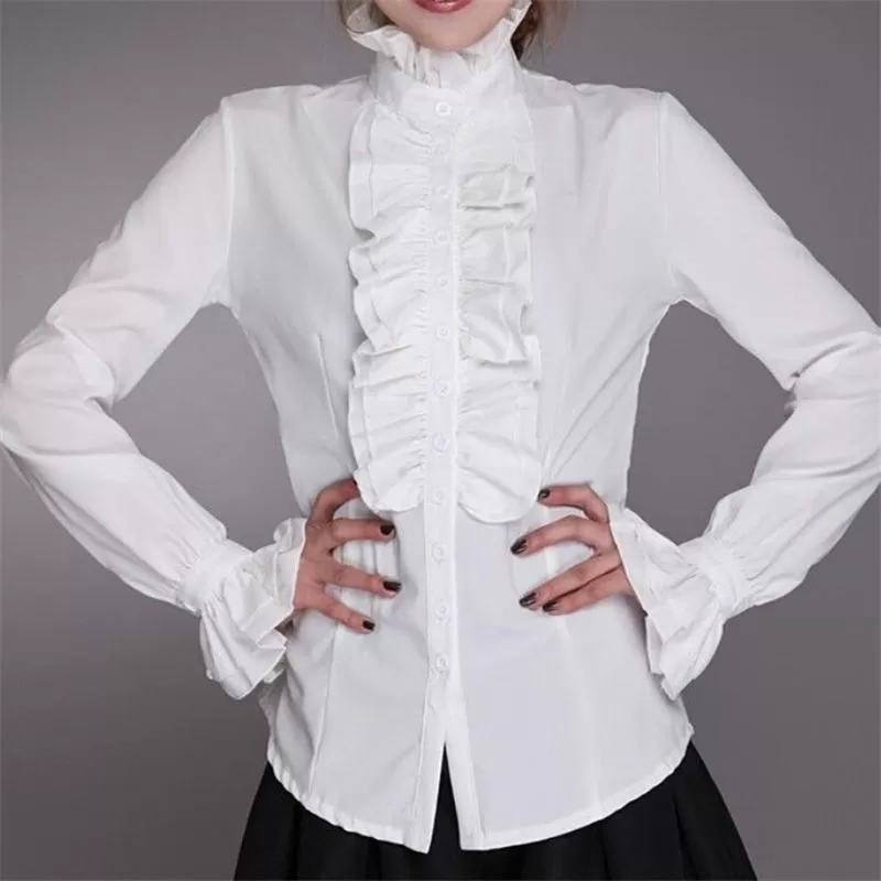 Victorian Office Ladies White Shirt High Neck Frilly Ruffle Cuffs