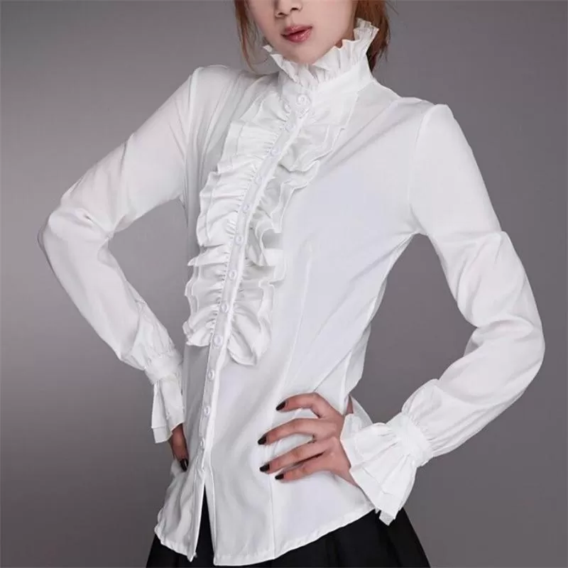 Victorian Office Ladies White Shirt High Neck Frilly Ruffle Cuffs