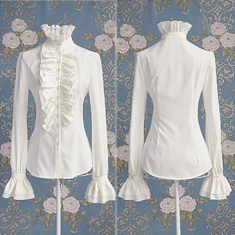 Victorian Office Ladies White Shirt High Neck Frilly Ruffle Cuffs