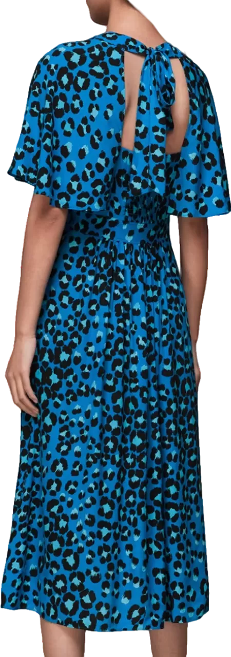 Whistles Blue Animal Print Tie Back Midi Dress UK 14