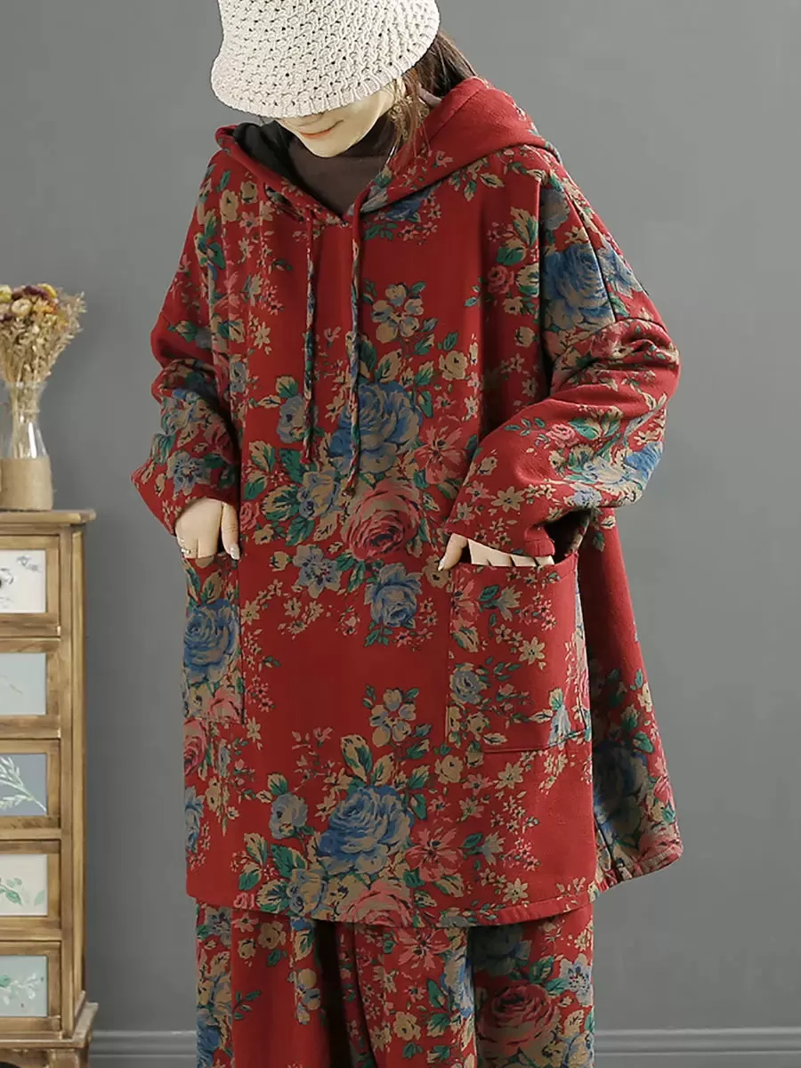 Women Floral Autumn Warm Hooded Shirt