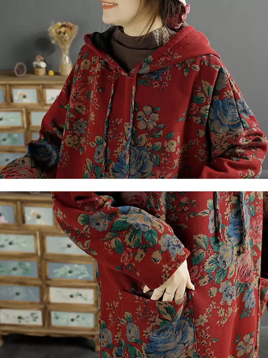 Women Floral Autumn Warm Hooded Shirt