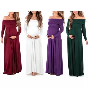 Women's Solid Color Long-sleeved One-shoulder Lapel Drag Maternity Dress