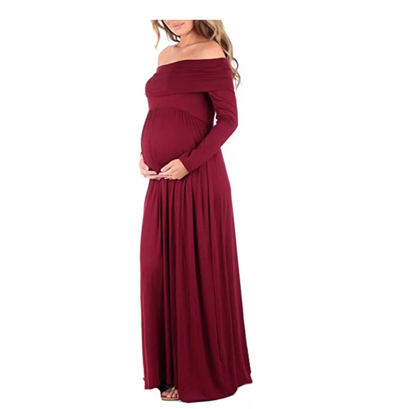 Women's Solid Color Long-sleeved One-shoulder Lapel Drag Maternity Dress