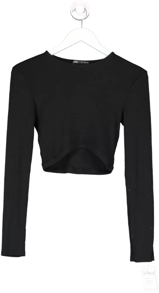 ZARA Black Long Sleeve Rib Knit Crop Top UK S