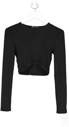 ZARA Black Long Sleeve Rib Knit Crop Top UK S