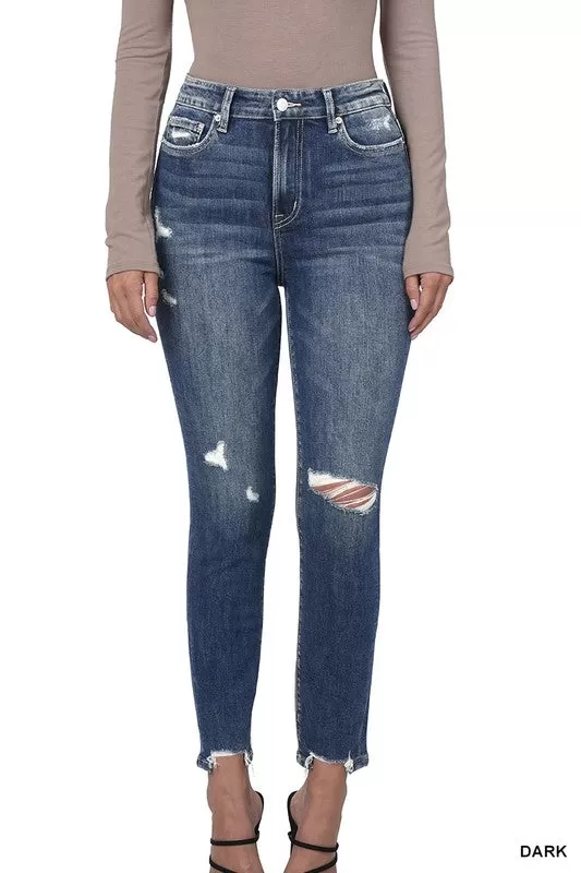 ZENANA DISTRESSED HEM ANKLE SKINNY JEANS